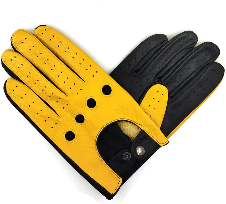 Herren Luxus 100% Schaffell Fahrhandschuhe-Weiches hochwertiges Leder Large(22.9-24.1cm) Schwarz&Gel