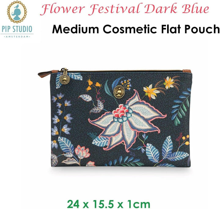 Cosmetic Flat Pouch Medium Flower Festival Dark Blue 24x15.5x1cm