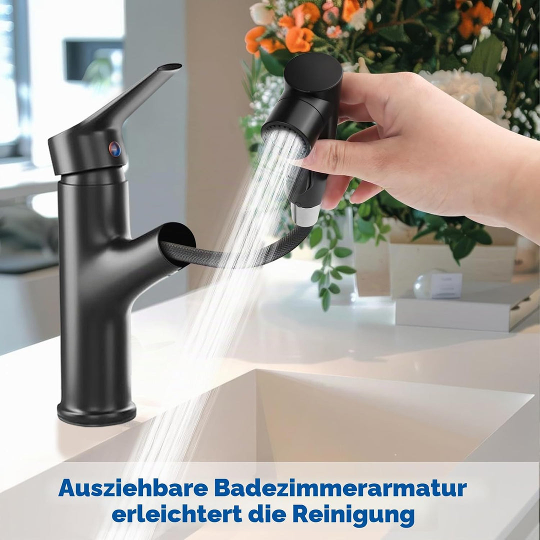 Wasserhahn Bad mit Ausziehbar Brause, Hochdruck Waschtischarmatur Einhebelmischer Mischbatterie mit