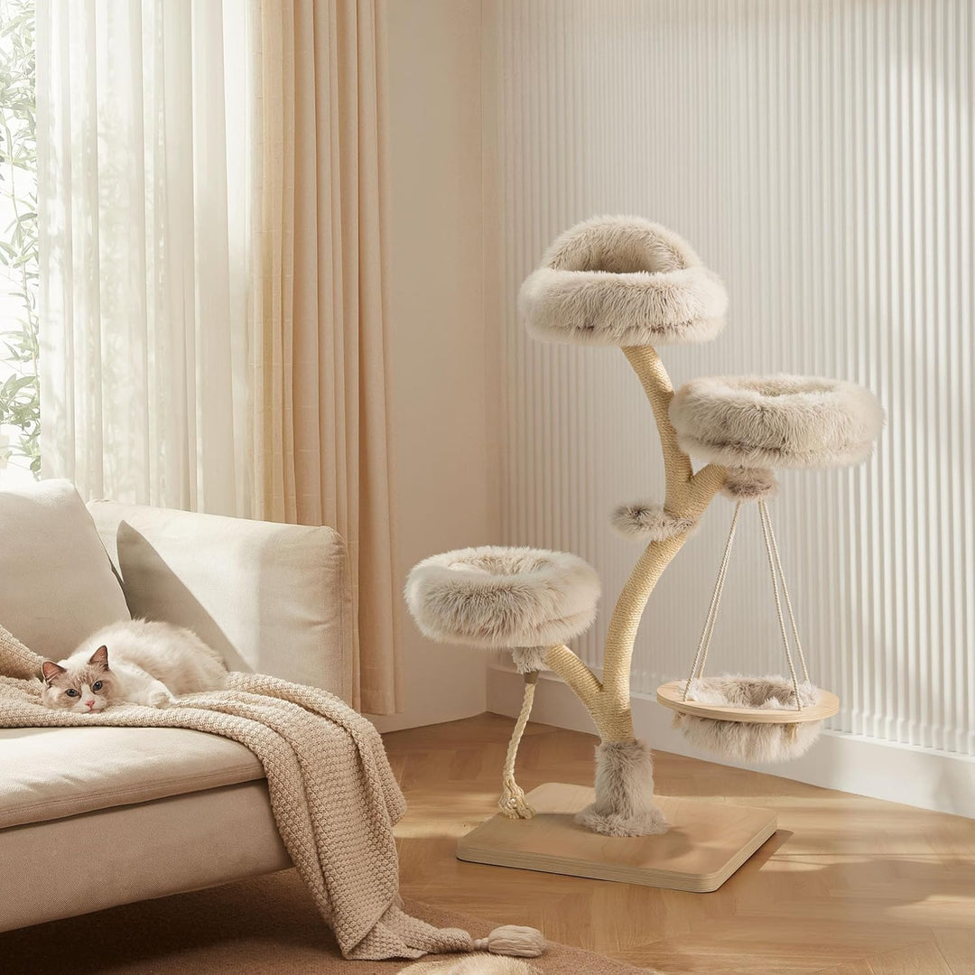 Fudajo Designer Kratzbaum in Zweigdesign 130 cm hoch, Katzenkratzbaum mit Plüsch und Sisal, Kletterb