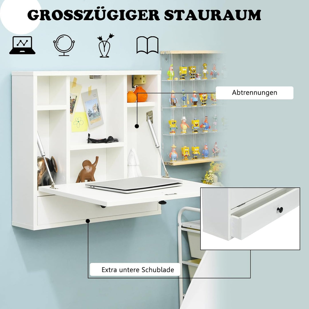 FANTASK Schreibtisch, klappbarer Computertisch mit Ablagefächern & Schublade, Wandklapptisch, Wandti