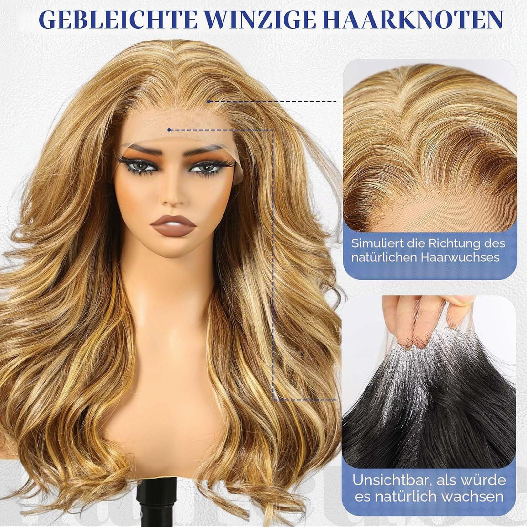 HAIRCUBE 13x6 HD Synthetische Lace-Front-Perücke, 24 Zoll blonde Highlights, lange lockige Stufenper