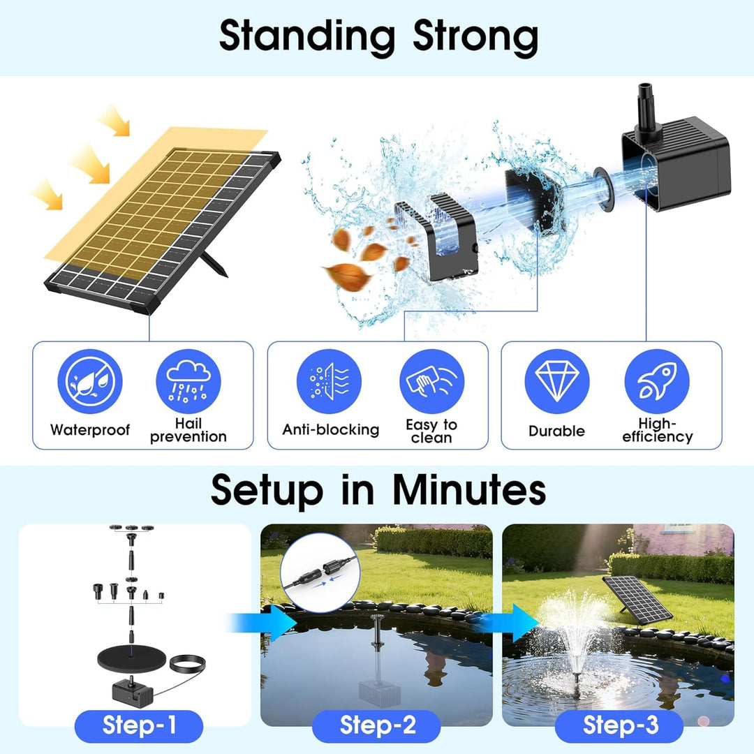 Biling 12W Solar Springbrunnen für aussen mit 5000 mAh Akku, Leise 300 l/h Teichpumpe Solar mit 8 Dü