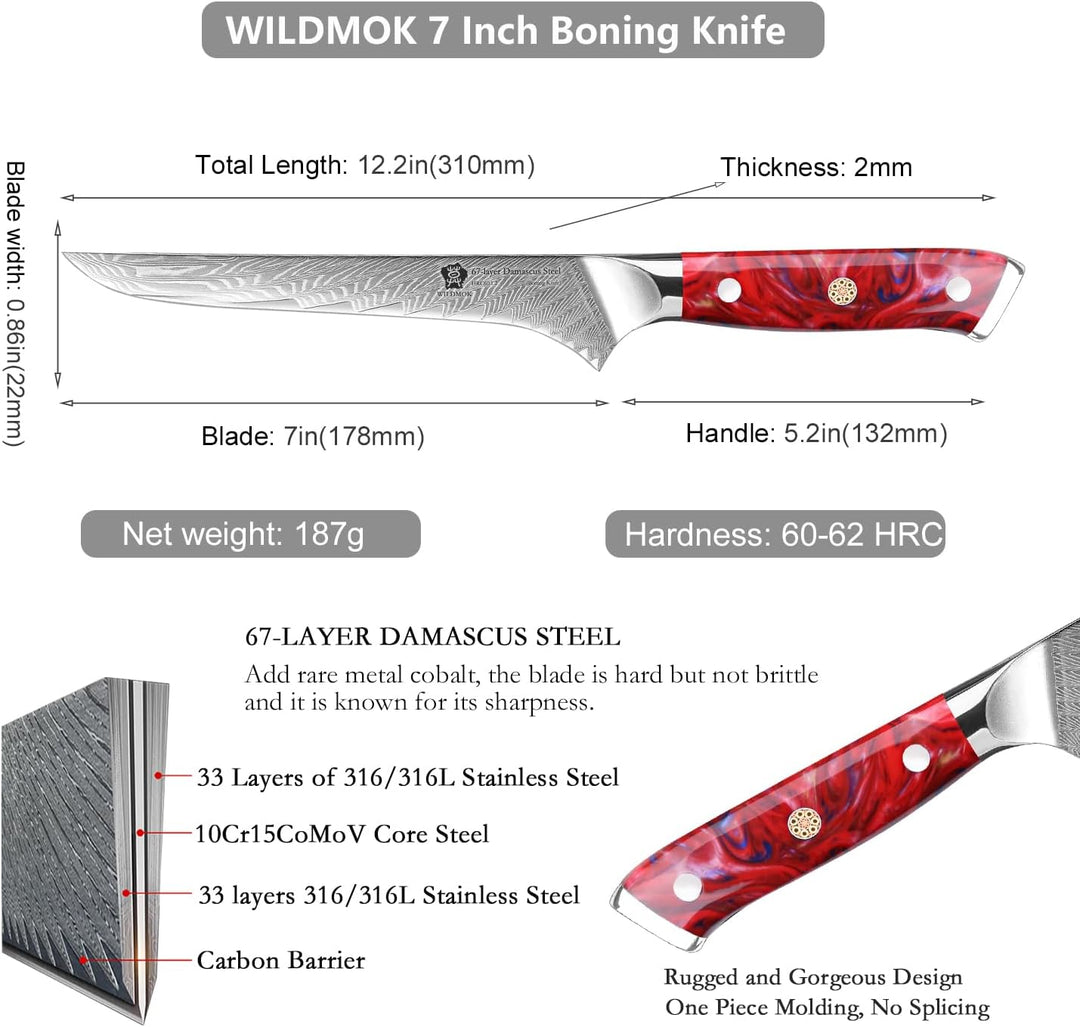 WILDMOK Ausbeinmesser, Damaskus-Superstahl, geschmiedet, 67 Schichten, Ausbeinmesser, Filetiermesser