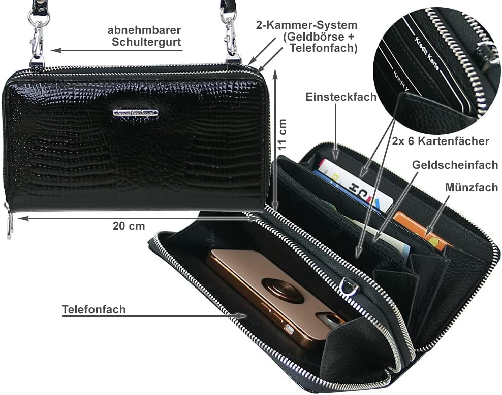 Jennifer Jones - Echt Leder Handtasche mit Handyfach - 2in1 Handytasche & Geldbörse mit RFID-Schutz
