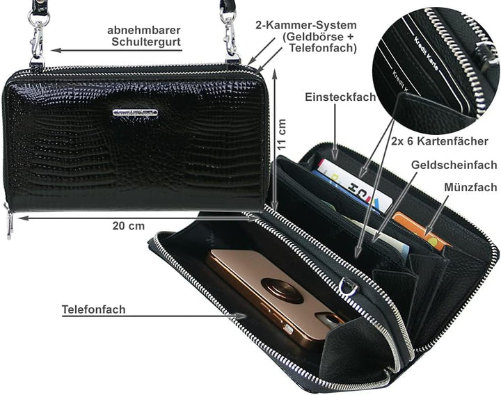 Jennifer Jones - Echt Leder Handtasche mit Handyfach - 2in1 Handytasche & Geldbörse mit RFID-Schutz
