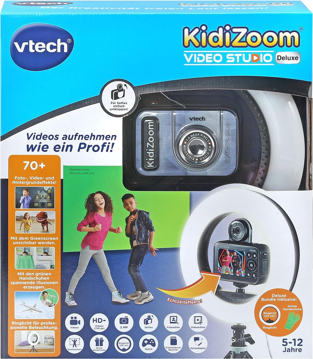 VTech KidiZoom Video Studio Deluxe Bundle – Kinderkamera mit Greenscreen, Stativ, Ringlicht, Handsch
