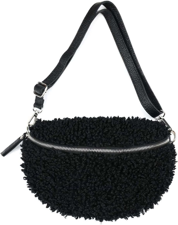 OBC Made in Italy Damen Teddyfell Tasche Plüsch Bauchtasche Hüfttasche Schultertasche Bodybag Umhäng