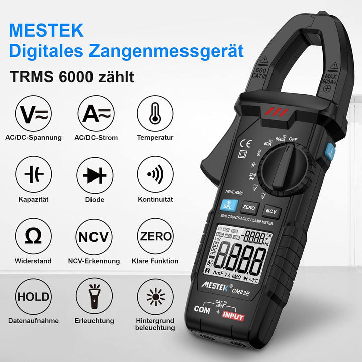 Stromzange MESTEK AC/DC Zangenmultimeter Strommessgerät Amperezange True-RMS 6000Zähler Automatische