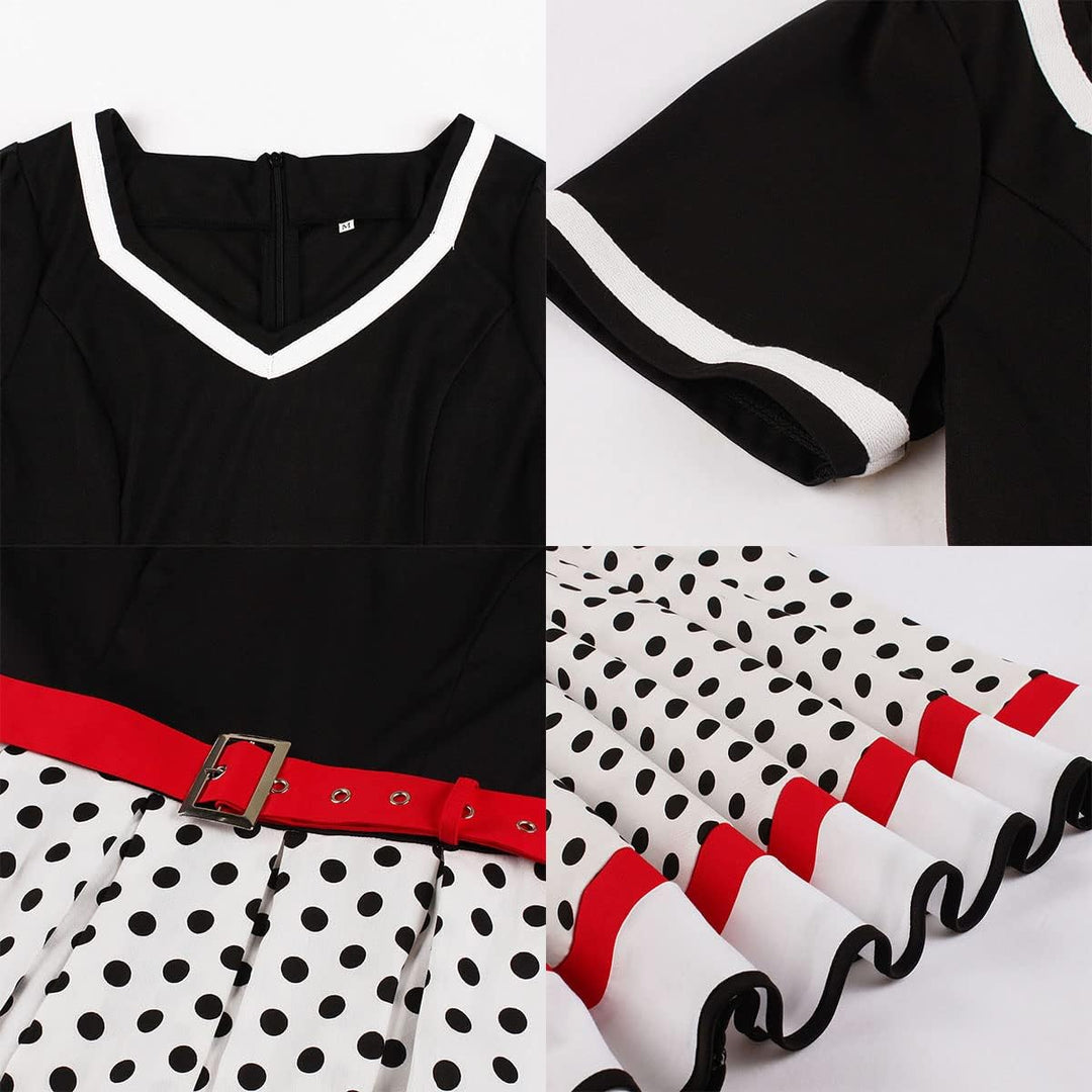 Odizli Rockabilly Kleider Damen 50er Jahre Vintage Kurzarm V-Ausschnitt Polka Dot Swing Coctailkleid