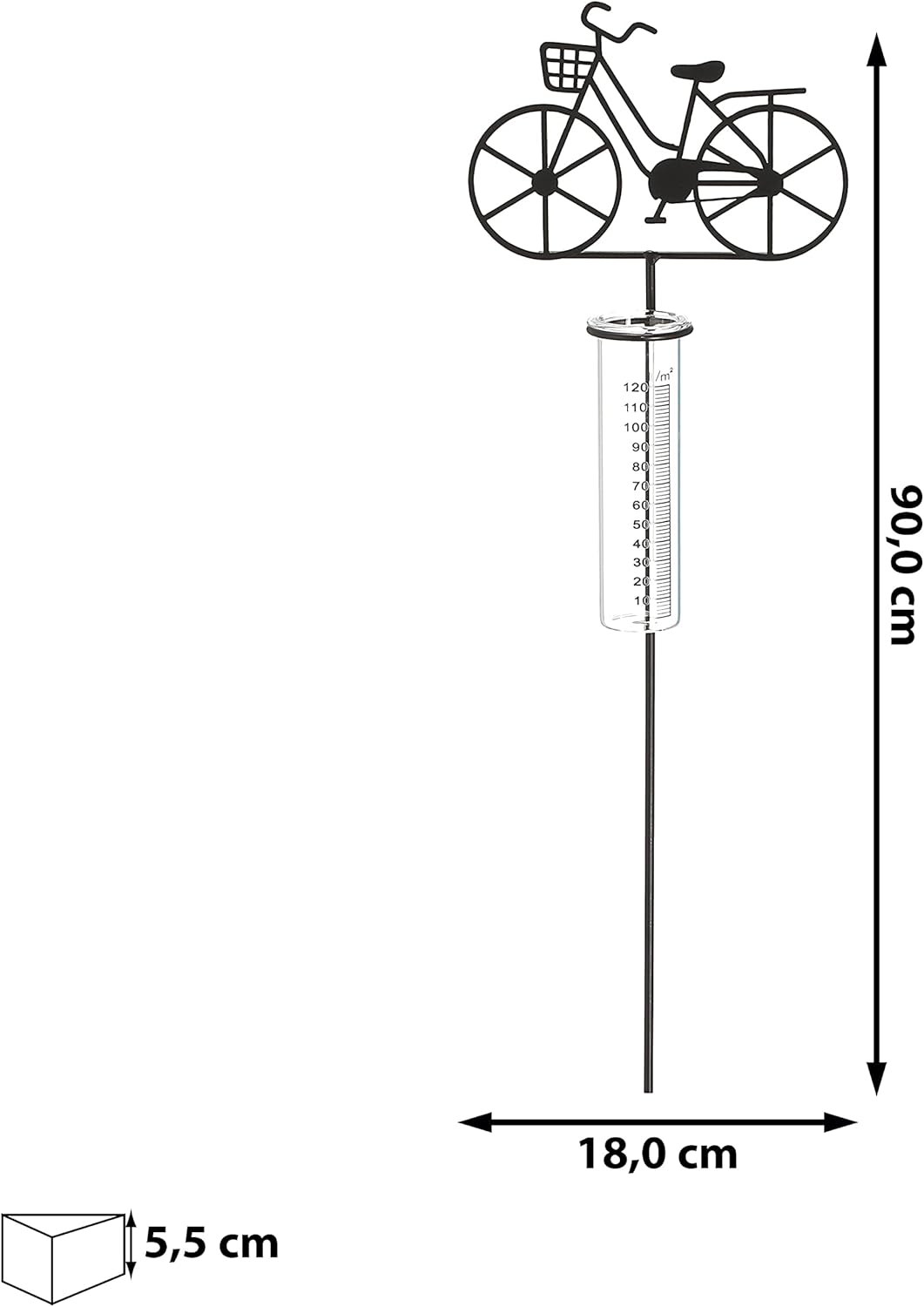 Cepewa Gartenstecker Regenmesser Fahrrad │ 18x90x5,5cm Metall Glas │ Messzylinder Niederschlagsmesse