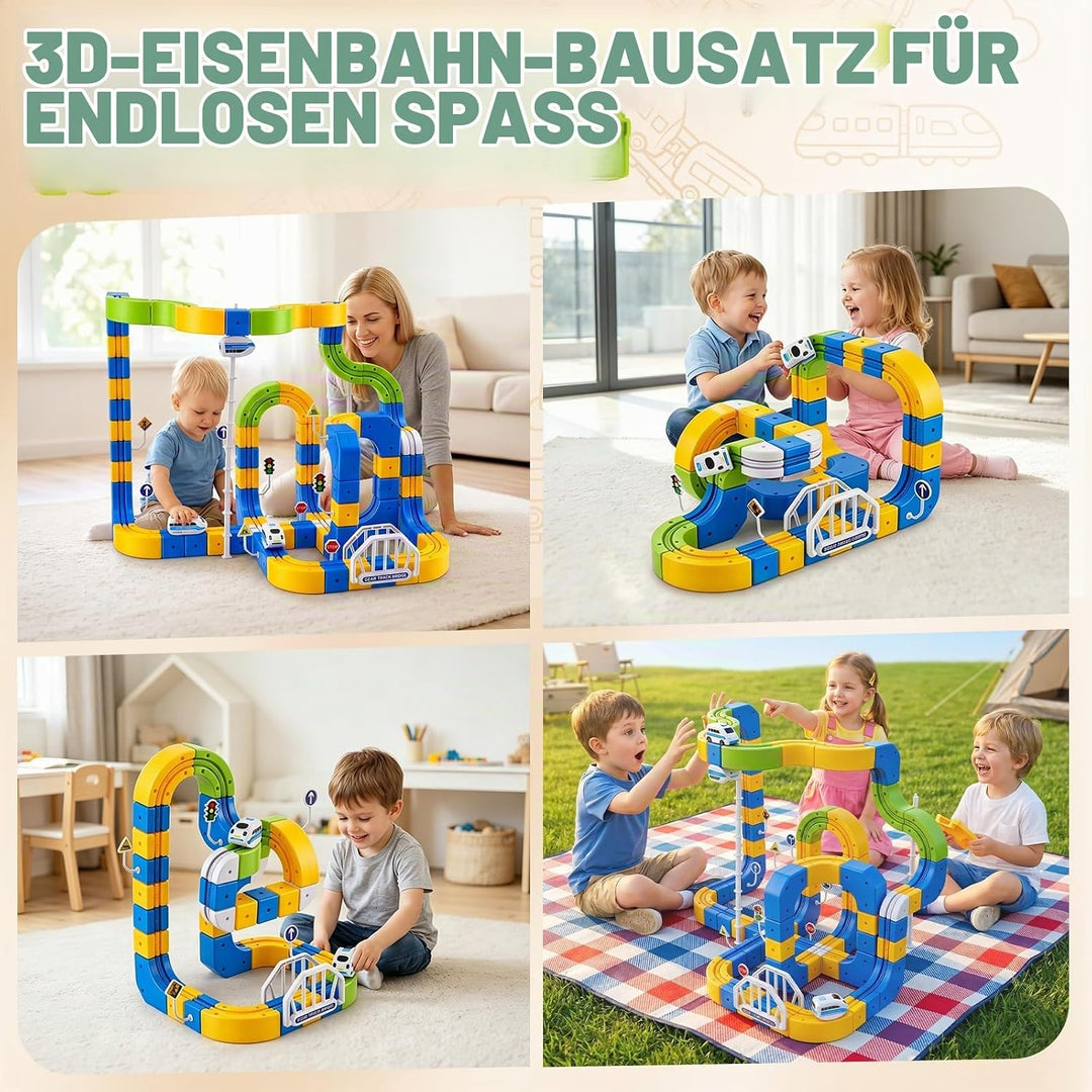 124 Stück Cube Track Set, Elektrische Eisenbahn mit 2 Zügen &amp; 3D Gear Track, DIY Bausteine klick-Sys