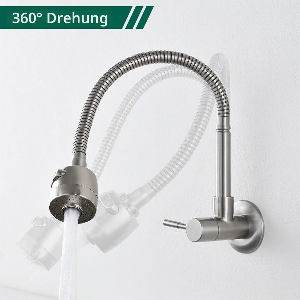 HOMELODY Wasserhahn Küche Wandmontage nur Kaltwasser Armatur Wandarmatur 360° Schwenkbar Doppelfunkt
