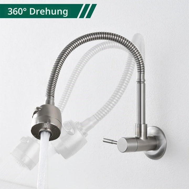 HOMELODY Wasserhahn Küche Wandmontage nur Kaltwasser Armatur Wandarmatur 360° Schwenkbar Doppelfunkt