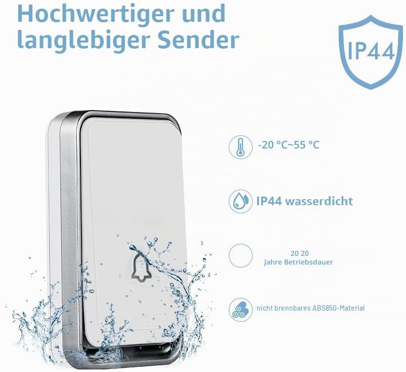 『Keine Batterie Erforderlich』Drahtlose Türklingel wasserdicht, AURTEC-Türklingel-Kit mit 2 Empfänger