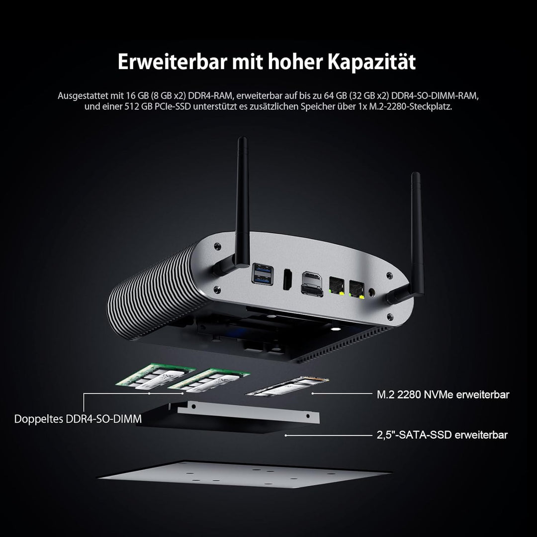 Industrieller lüfterloser Mini PC i5 1235U (10C/12T bis zu 4,4 GHz) 16GB RAM 512GB SSD, 100% geräusc