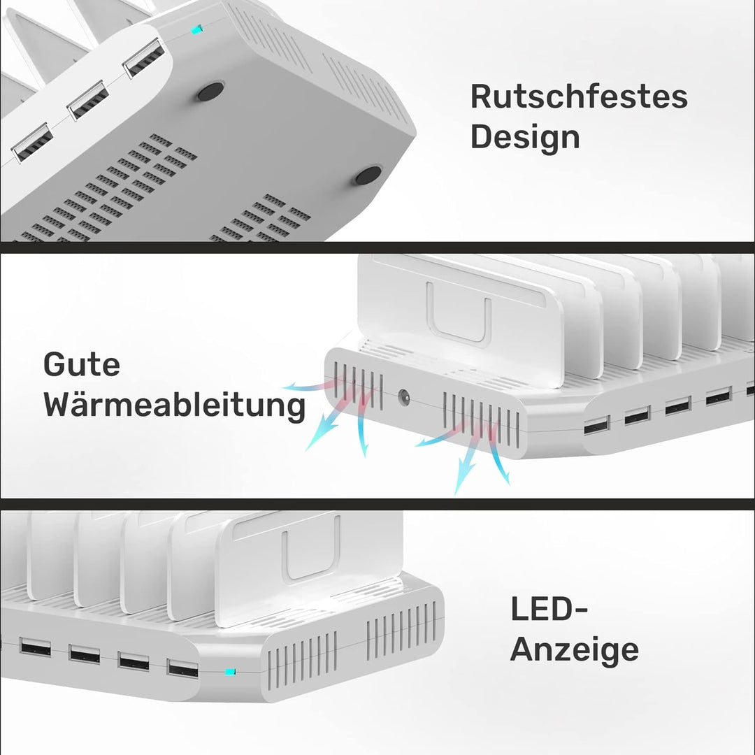 Alxum 60W USB Handy Ladestation Mehrfach,10 Ports 5V/2.4A Ladestation Mehrere Geräte mit verstellbar