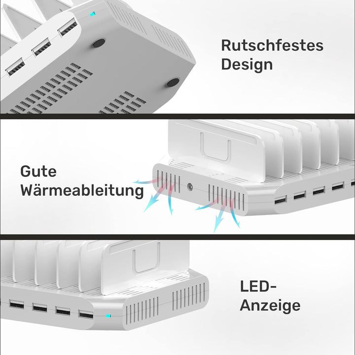 Alxum 60W USB Handy Ladestation Mehrfach,10 Ports 5V/2.4A Ladestation Mehrere Geräte mit verstellbar