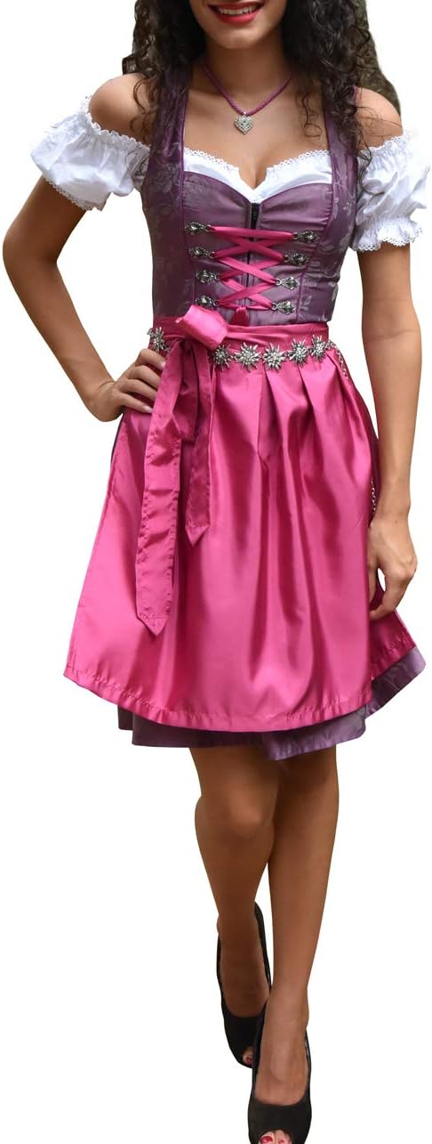 Golden Trachten-Kleid Dirndl Damen 3 TLG, Midi für Oktoberfest, mit Schürze und Bluse 486GT,Lila,38