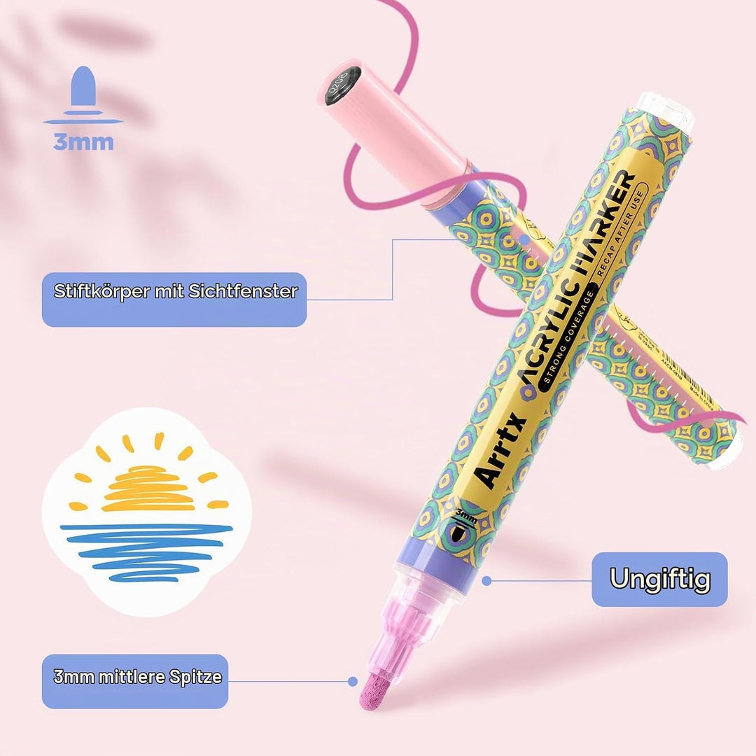 Arrtx 48 Farben Acrylstifte für Steine wasserfest, 3 mm Farbmarker mit mittlerer Spitze, Permanent A