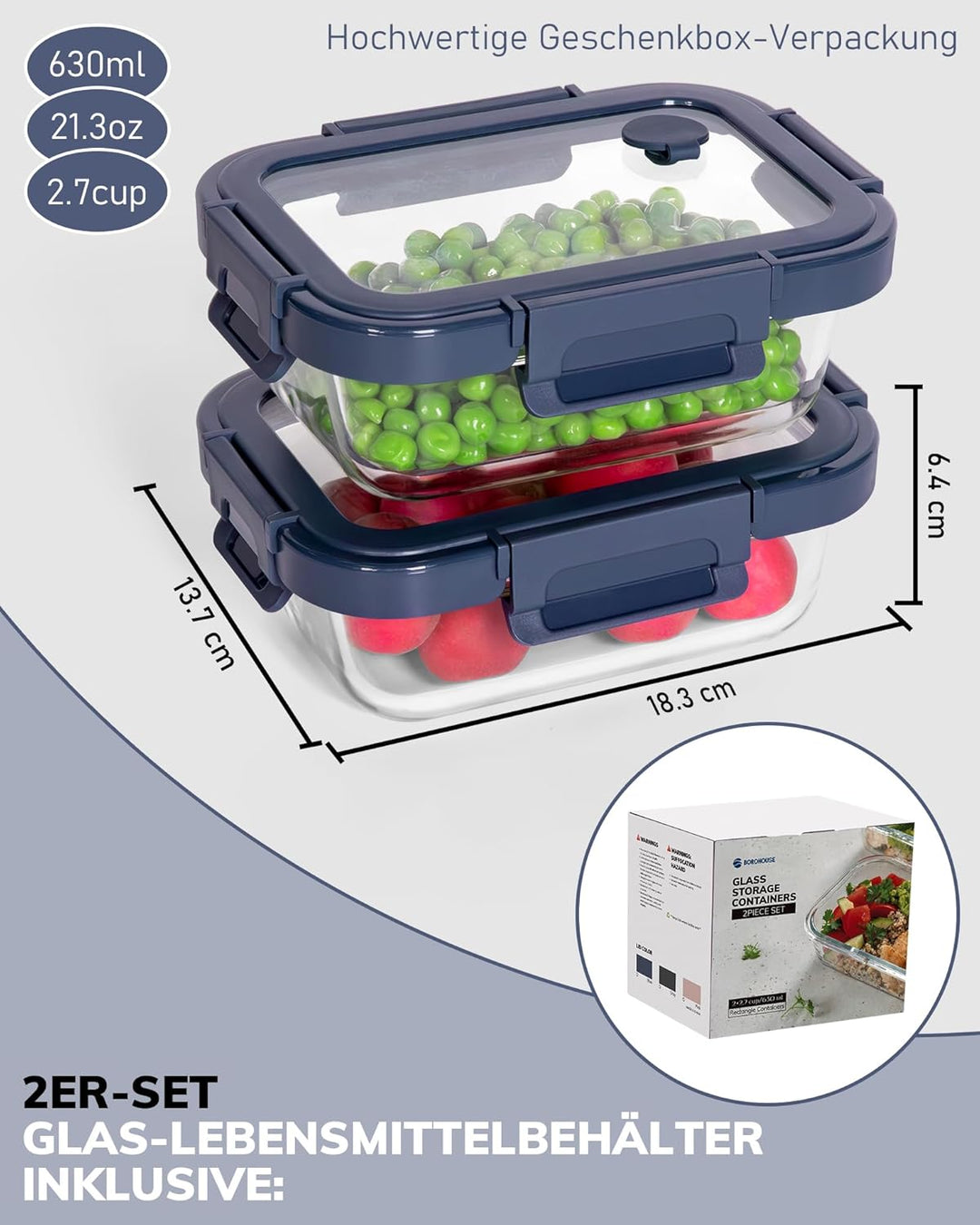 BOROHOUSE Vorratsdosen Glas 2er Set 630ml – Glas Frischhaltedosen mit Glasdeckel, luftdicht & BPA-fr