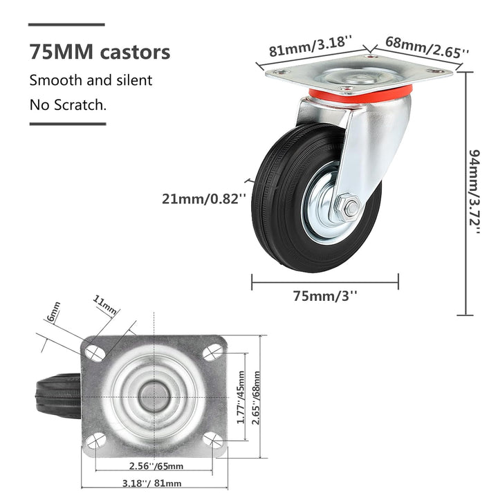Schwerlastrollen 75mm mit Bremse, 4 Stück Transportrollen Lenkrollen bis 200kg, Gummi Möbelrollen 36