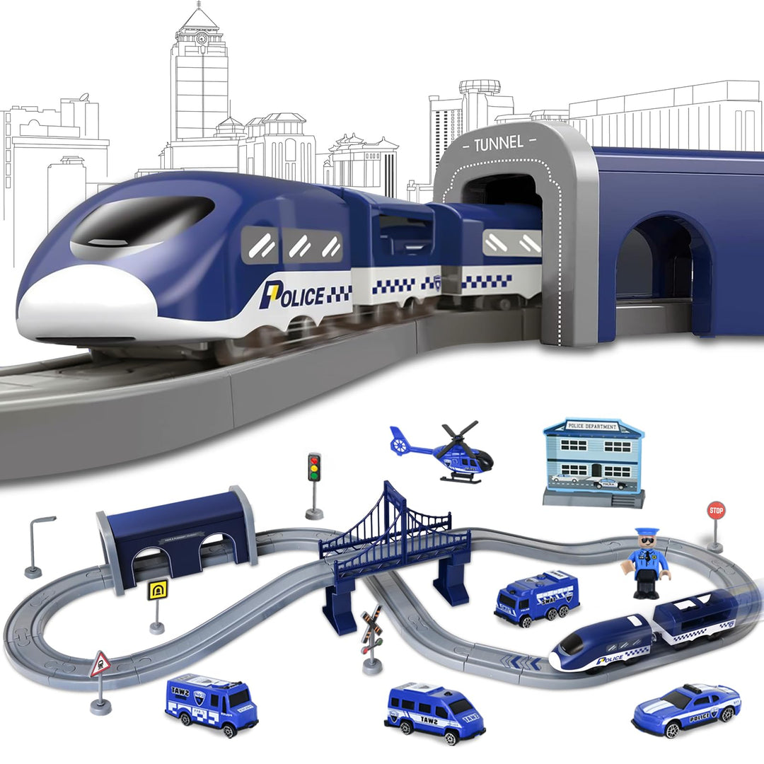 Joellfuner Eisenbahn Elektrisches Zugset Spielzeug Kinder, Autorennbahn Rennstrecke mit Brio-Schiene