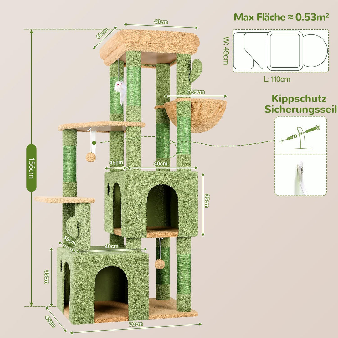 Globlazer Kratzbaum Grün Kaktus für 3-5 Grosse Katzen 156 cm mit 2 Extragross Katzenhaus 45 * 40 * 3