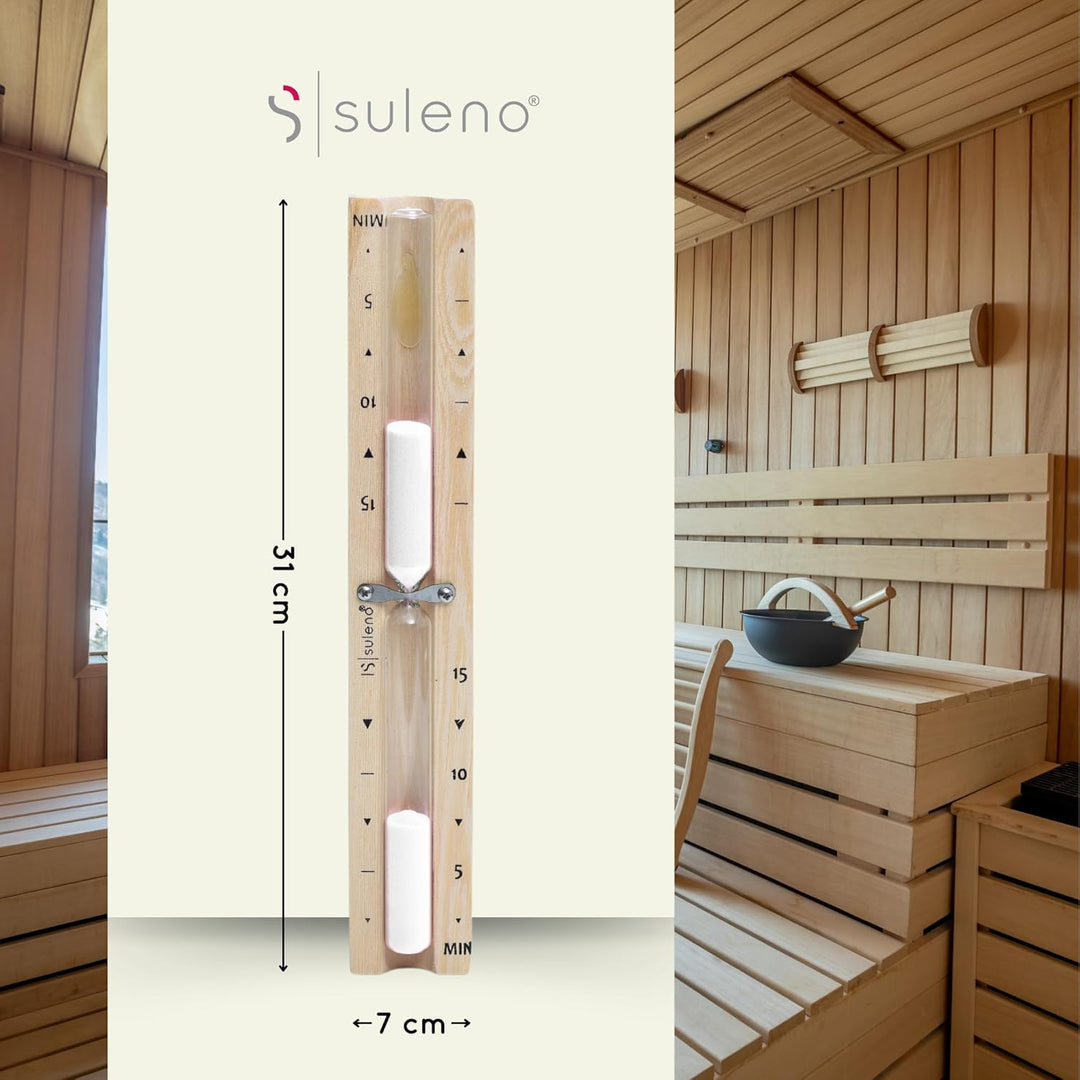 Suleno® Sauna Sanduhr 5-15 Minuten – Hitzebeständiger Zeitmesser aus Holz, Glaszylinder mit weissem