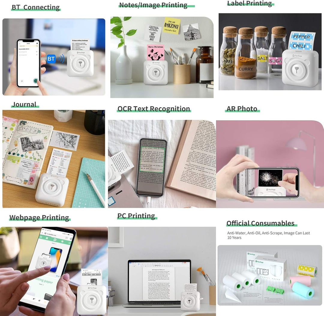 Bisofice PeriPage Mini Fotodrucker für Smartphone Kabelloser BT-Bild-Etiketten-Beleg-Mini Printer Th