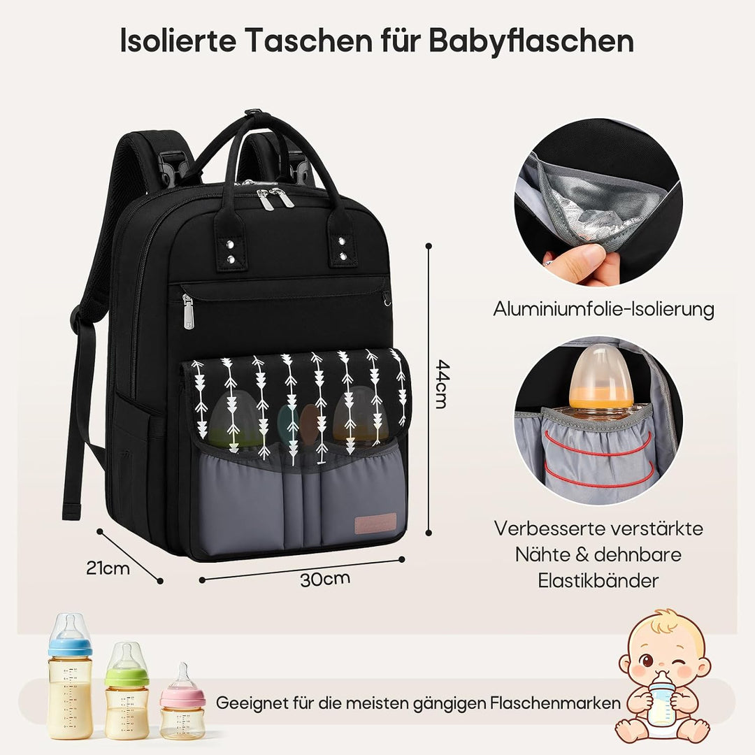 RAINSMORE Wickelrucksack Gross Baby Wickeltasche mit Wickelunterlage Schwarz | Wasserdichte Wickelta