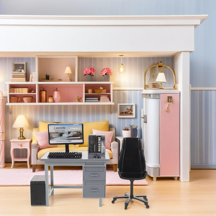 2 Sets Miniatur PuppenhausmöBel BüRotisch Mit Stuhl Computer Modell Simulations Pc Spielzeug FüR Kin