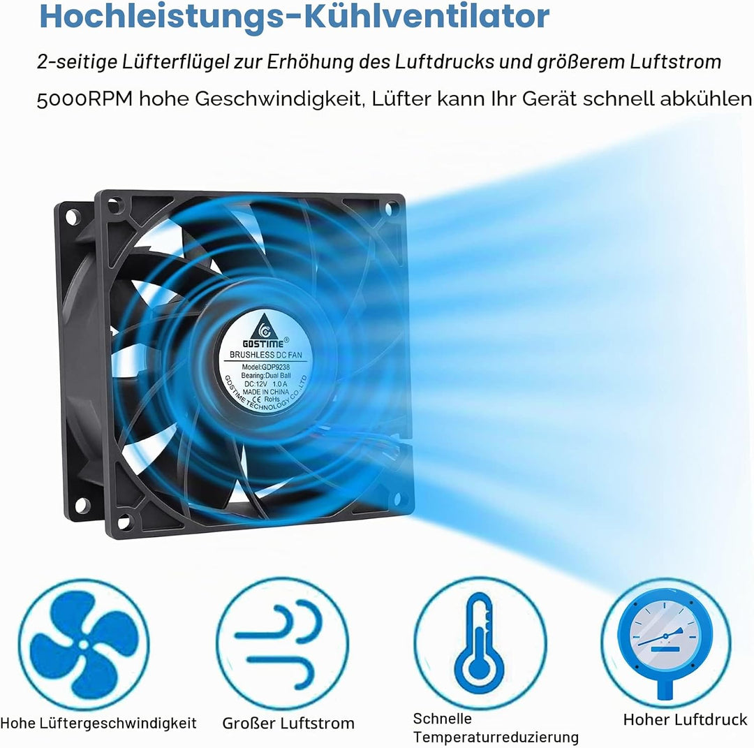 GDSTIME 12V Lüfter 92mm Lüfter 92 x 38mm 4 Pin PWM CPU Lüfter 9CM Gehäuselüfter 5000 U/min Kühlung L
