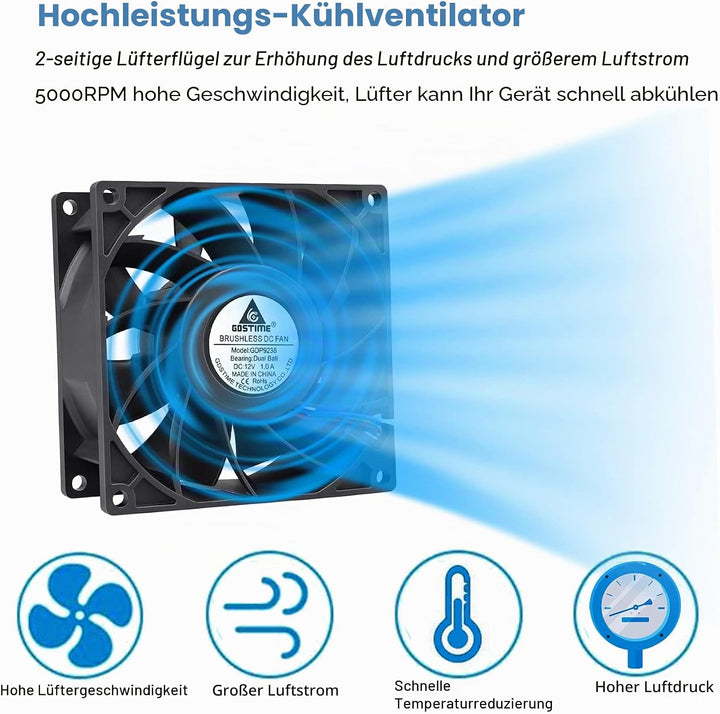 GDSTIME 12V Lüfter 92mm Lüfter 92 x 38mm 4 Pin PWM CPU Lüfter 9CM Gehäuselüfter 5000 U/min Kühlung L