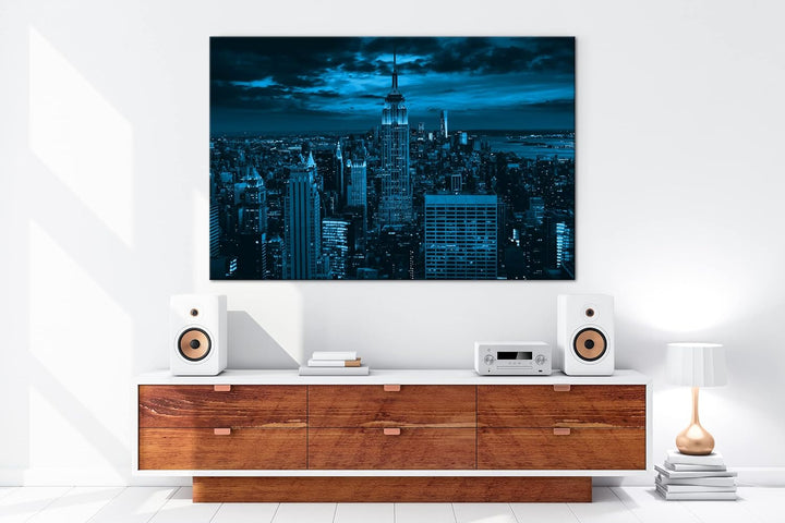 deyoli New York bei Nacht Format: 80x60 Effekt: Monocrome Blau als Leinwand, Motiv fertig gerahmt au