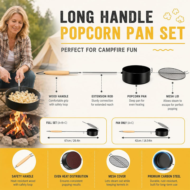 RANJIMA Popcornpfanne Lagerfeuer aus Karbonstahl, Outdoor Popcorn Pfanne mit hitzebeständigem Sicher