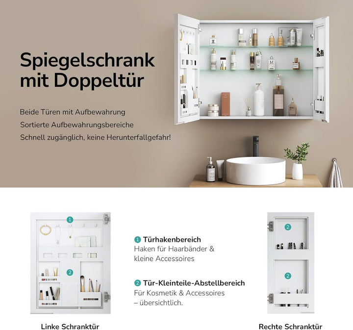 EMKE Spiegelschrank Bad 80×65×14,5 cm aus Aluminium, Weiss Matt, Doppeltür mit Aufbewahrung, 2 verst