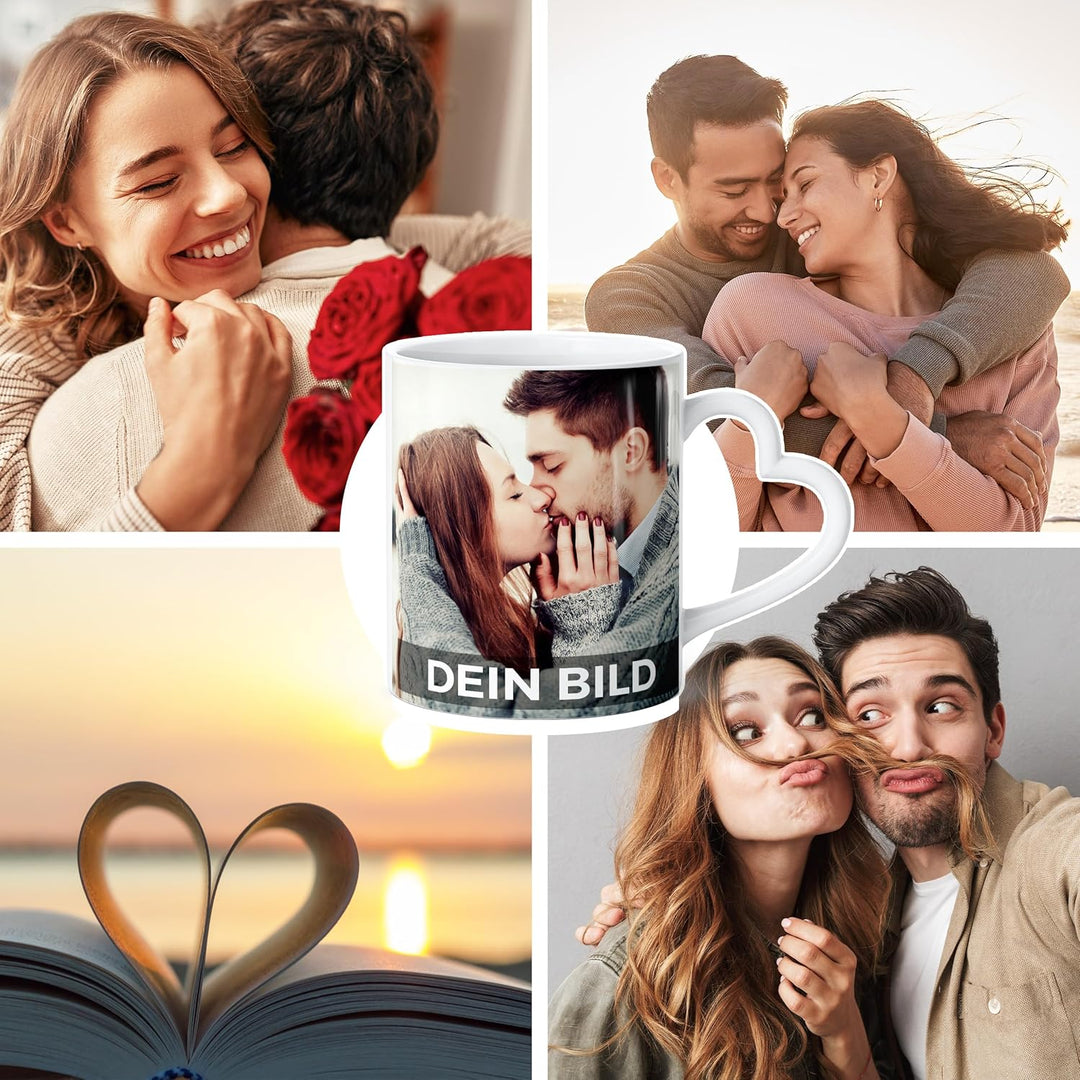 Fototasse mit Herzhenkel personalisiert mit eigenem Bild und Text Fotogeschenk Liebe Valentinstag We