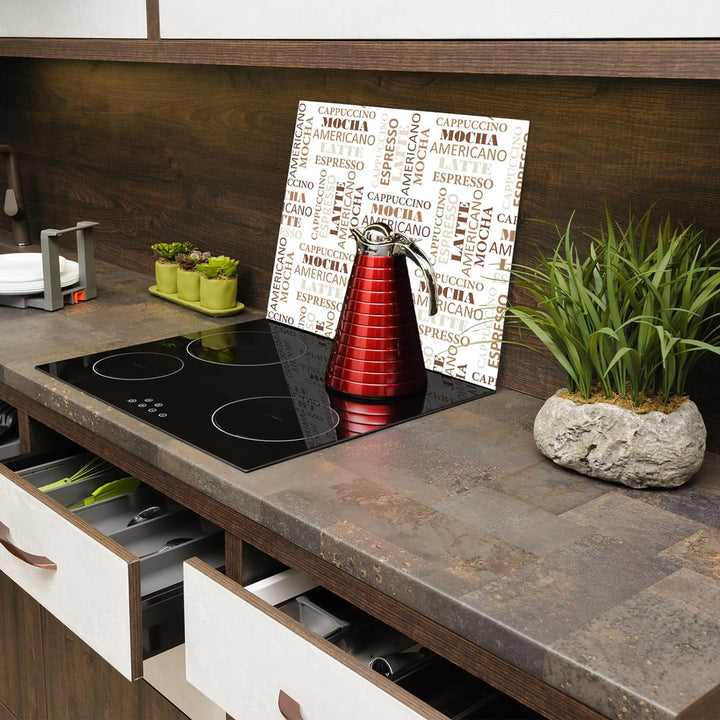 SmartDecoration Herdabdeckplatte Ceranfeldabdeckung aus Glas 60x52 cm Einteilig Motiv "Kaffee" Weiss