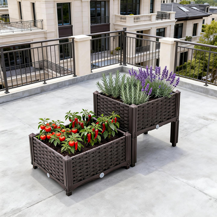 Mingone 2er Set Blumenkasten Rattan Optik Blumentopf aus Kunststoff Blumenkasten Balkonkasten mit Wa