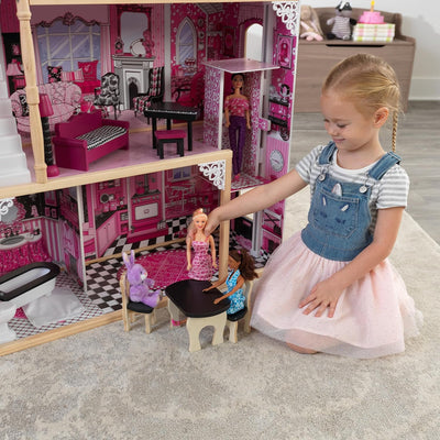 KidKraft Amelia Puppenhaus aus Holz mit Möbeln und Zubehör, Spielset mit Balkon und Aufzug für 30 cm
