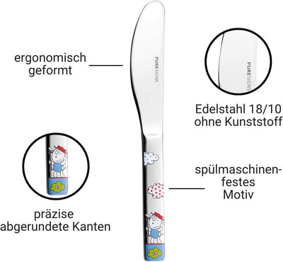 Puresigns Kinderbesteck 4-teilig FERME mit niedlichen Baunerhof Motiven aus 18/10 Edelstahl ergonomi