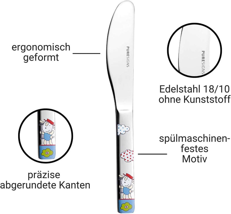 Puresigns Kinderbesteck 4-teilig FERME mit niedlichen Baunerhof Motiven aus 18/10 Edelstahl ergonomi