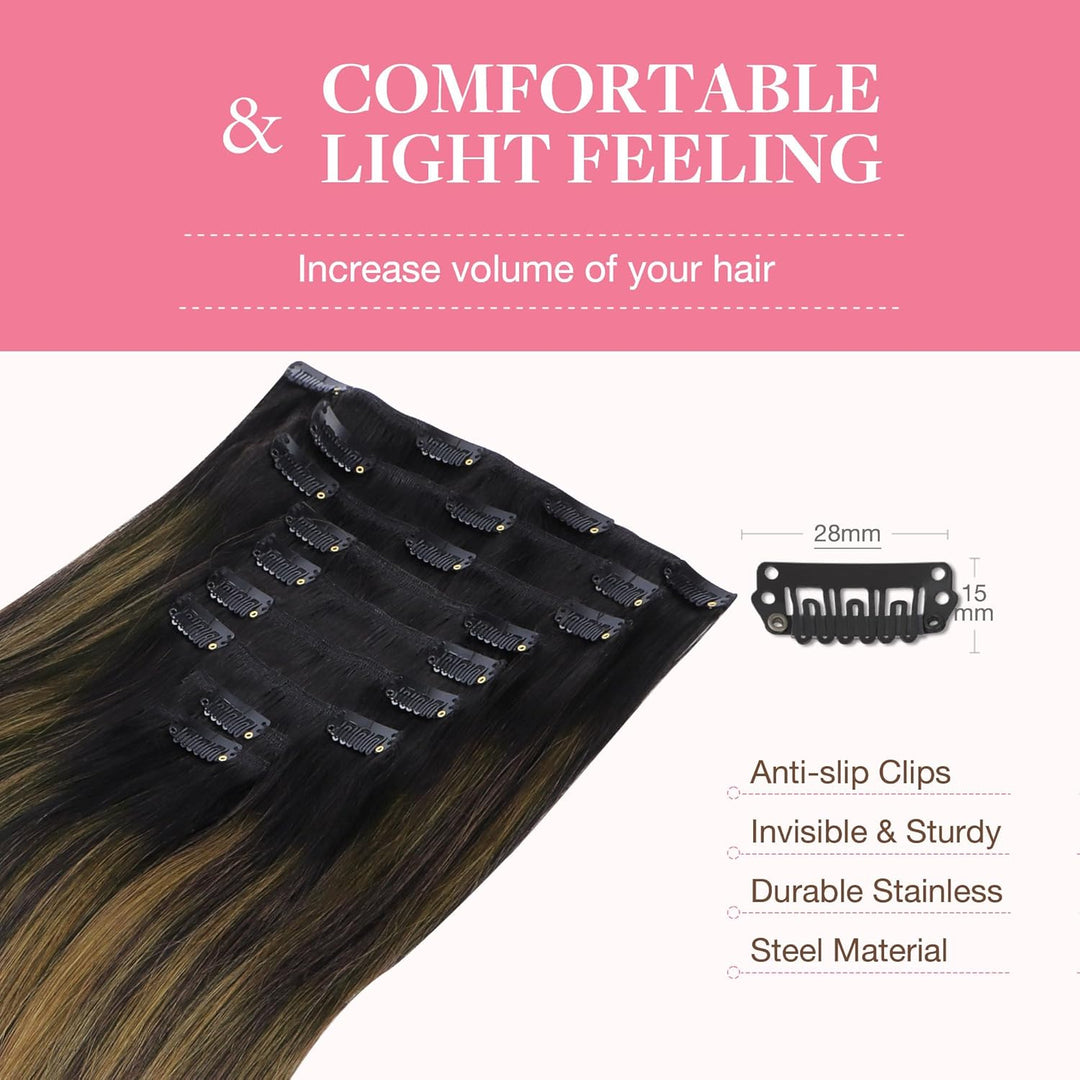 GOO GOO Clip in Extensions Echthaar, Echthaar Extensions Clip, 35cm 150g 9pcs, Extensions Echthaar,