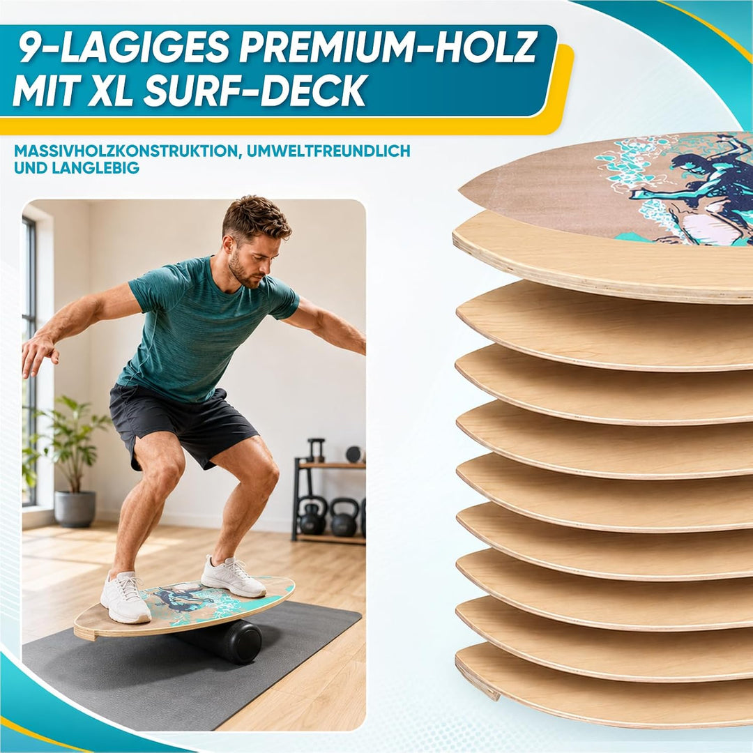 Balance Board 75x28cm 15mm Dickes, Tragfähigkeit 150Kg Holz Balanceboard Erwachsene Kinder mit Rolle