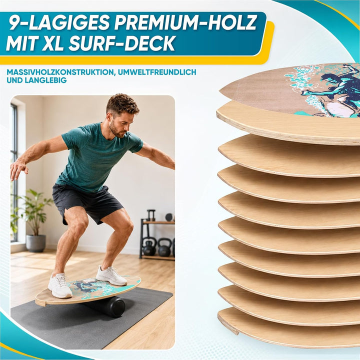 Balance Board 75x28cm 15mm Dickes, Tragfähigkeit 150Kg Holz Balanceboard Erwachsene Kinder mit Rolle