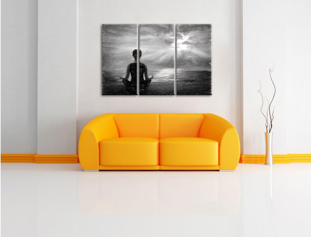 Pixxprint Frau meditiert am Strand als Leinwandbild/Grösse: 3 Teilig (120x80) cm/Wandbild/Kunstdruck