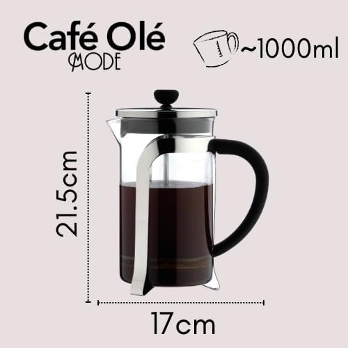 Café Olé Mode Cafetière, Glasbehälter mit edlem Edelstahlgehäuse und Siebfilter, 1000 ml (8 Espresso