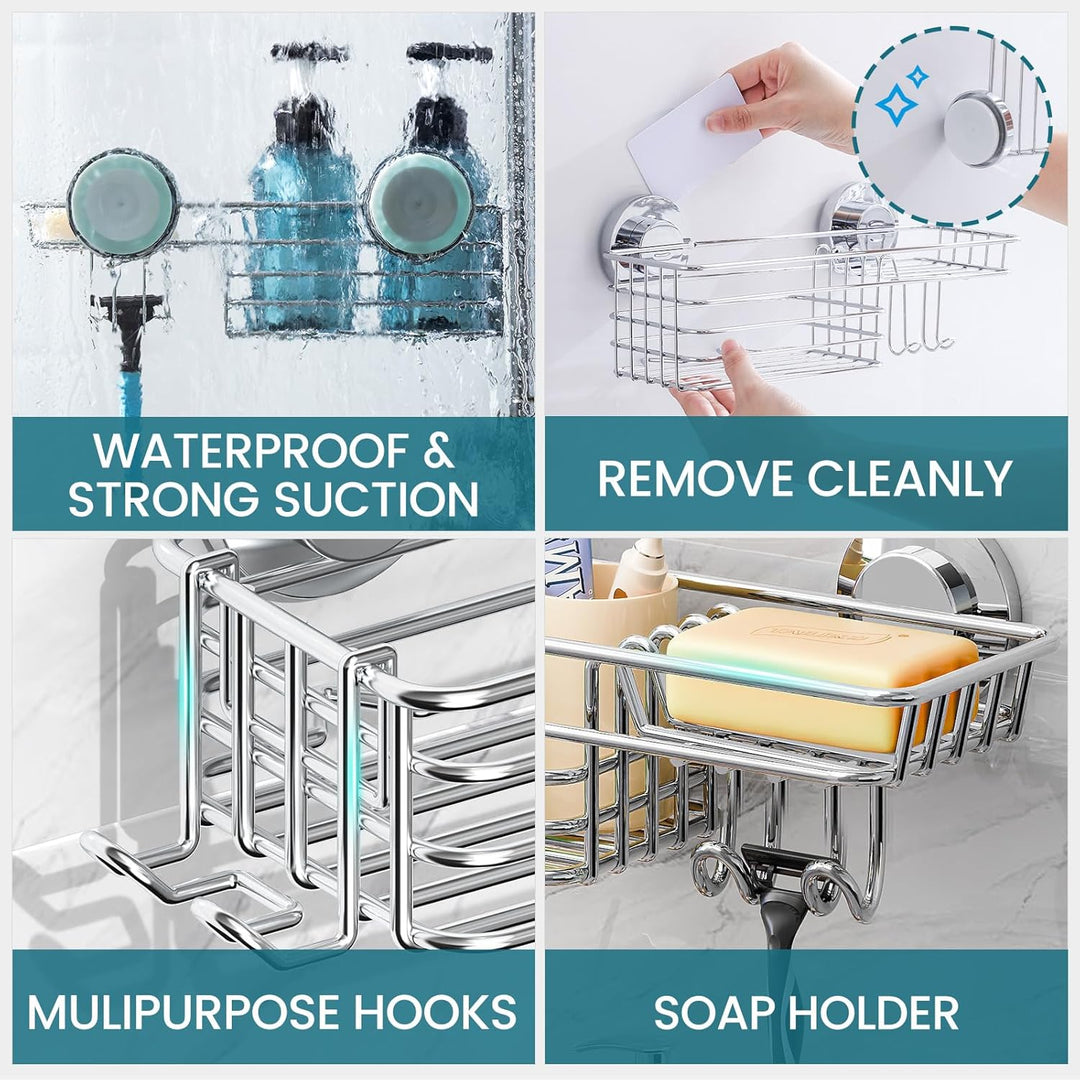 TAILI Rostfrei Duschregal Ohne Bohren, Dusche Caddy Saugnapf mit Haken & Seifenhalter, Badezimmer Du