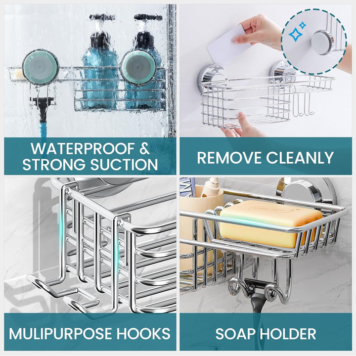 TAILI Rostfrei Duschregal Ohne Bohren, Dusche Caddy Saugnapf mit Haken & Seifenhalter, Badezimmer Du